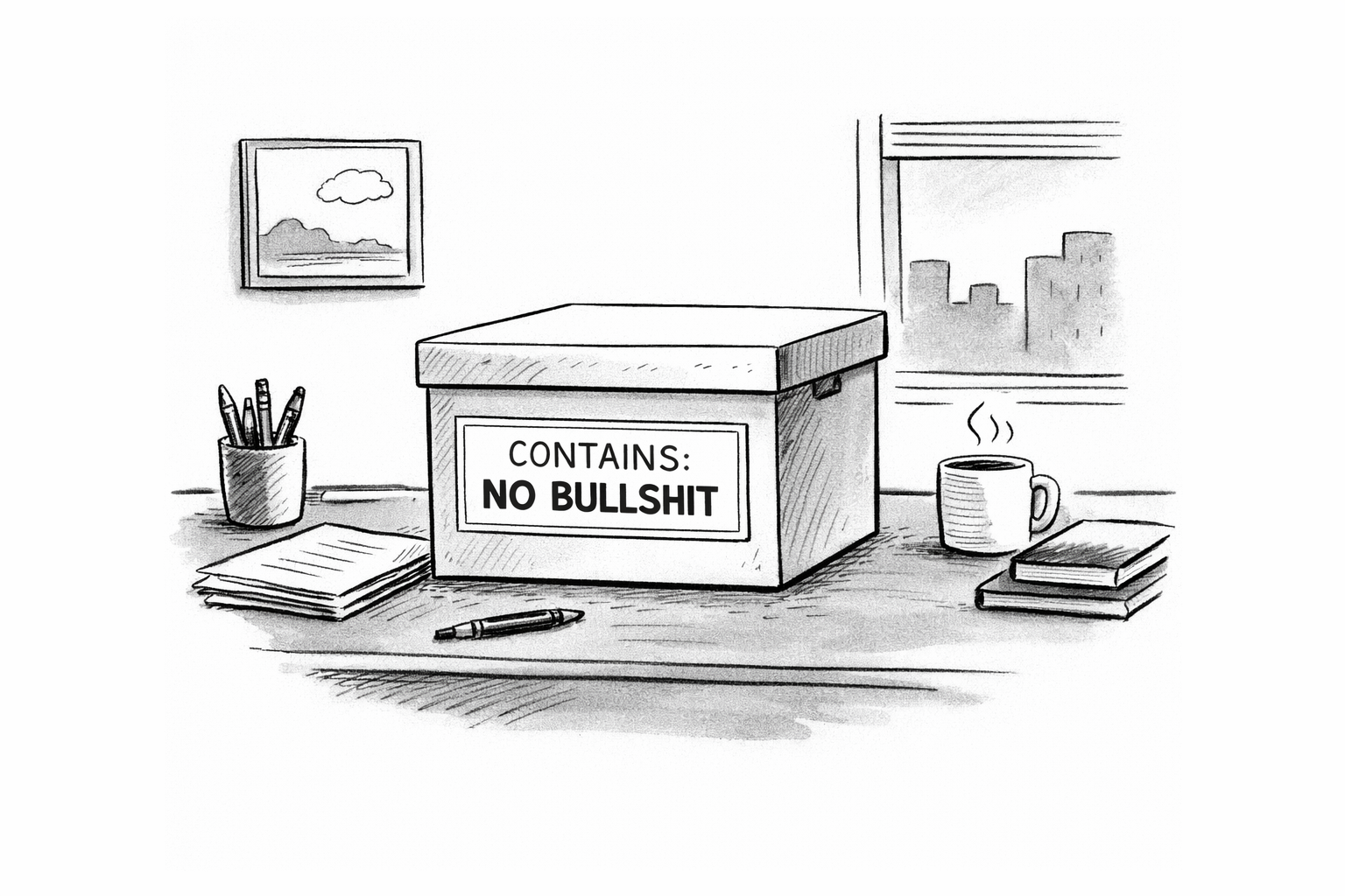 Single-panel editorial-style cartoon of a desk with a labeled box reading “Contains: No Bullshit.”