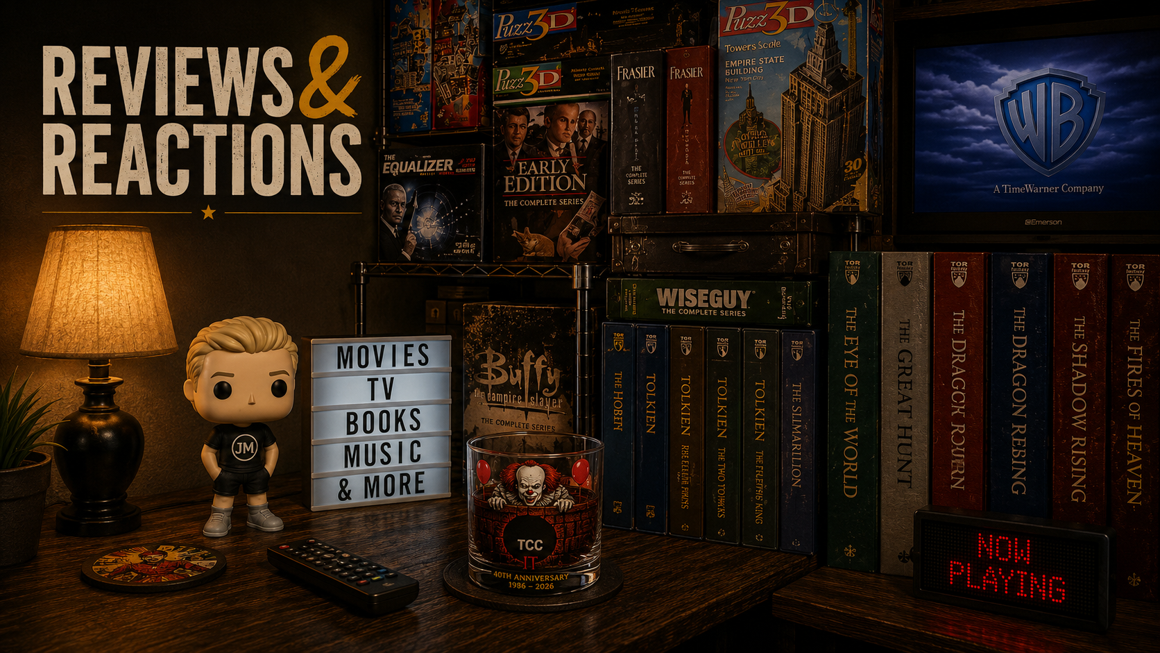 Reviews & Reactions hero image showing a warm media room filled with movies, television collections, books, and personal memorabilia.