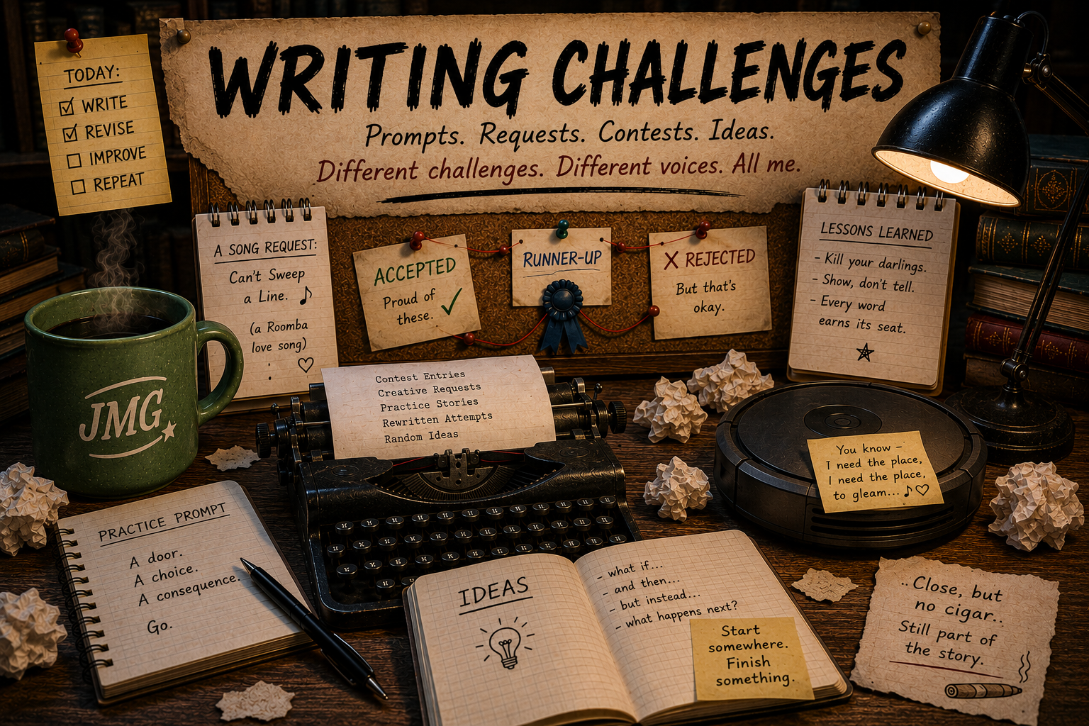 Writing Challenges hero image showing a warm, cluttered writing desk with a typewriter, notebooks, prompt cards, a Roomba, and a green JMG mug.